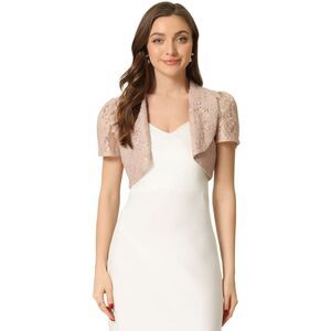 Floral Lace Shrug Work Crop Cardigan Wedding Guest Elegant Bolero Pink